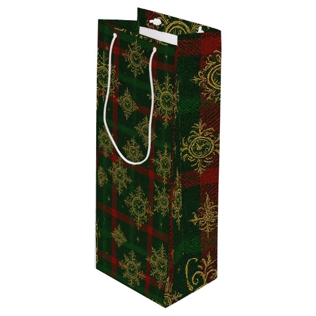 Steampunk Snowflake Rot und Grüner Tartan Geschenktüte Für Weinflaschen (Vorderseite Schrägansicht)