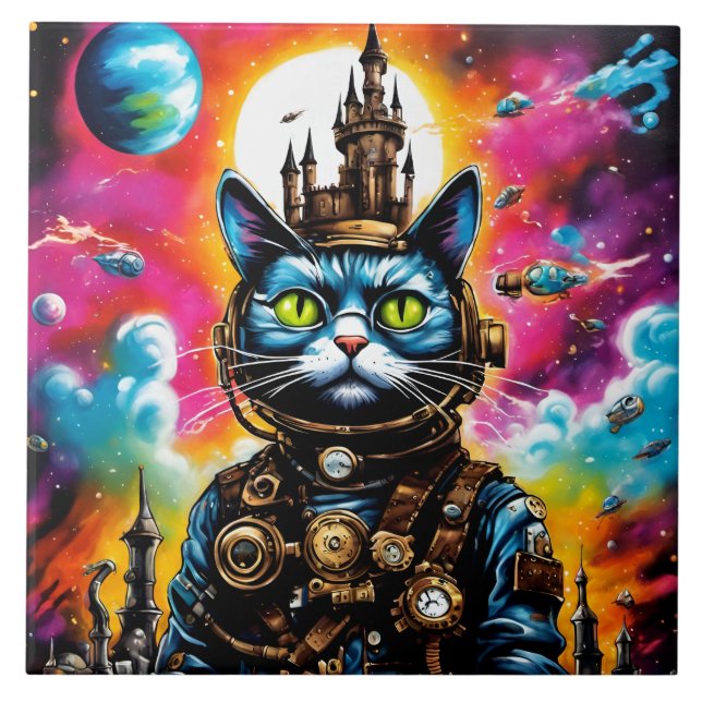 Steampunk Space Cat II Fliese (Vorderseite)