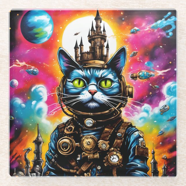Steampunk Space Cat II Glasuntersetzer (Vorderseite)