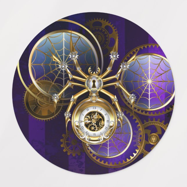 Steampunk Spider im Lila Hintergrund Etiketten (Design 1)