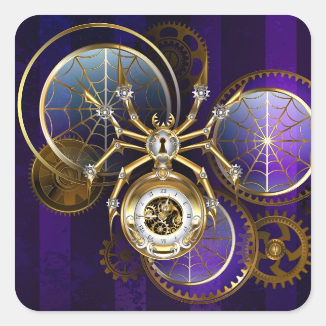 Steampunk Spider im Lila Hintergrund Quadratischer Aufkleber (Vorderseite)