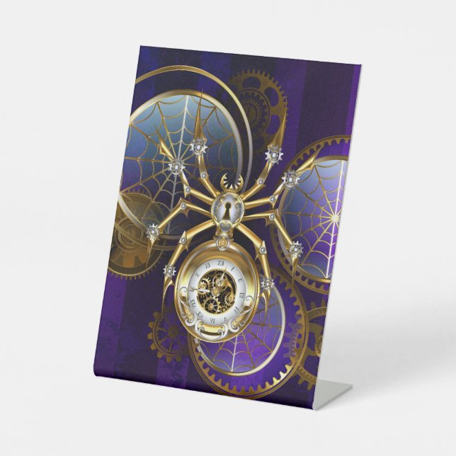 Steampunk Spider im Lila Hintergrund Sockelschild (Vorderseite)