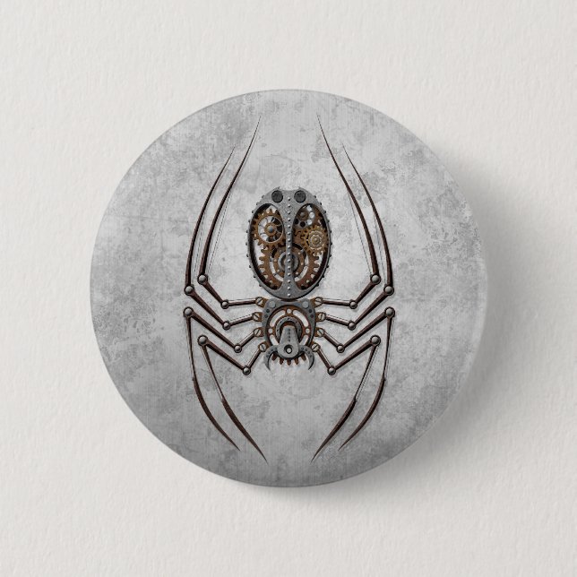 Steampunk Spinne auf rauem Stahl Button (Vorderseite)