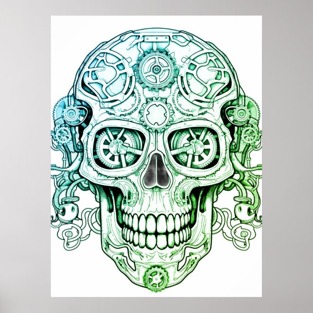 Steampunk Sugar Skull Drawing Art for Adults Wall Poster (Vorne)