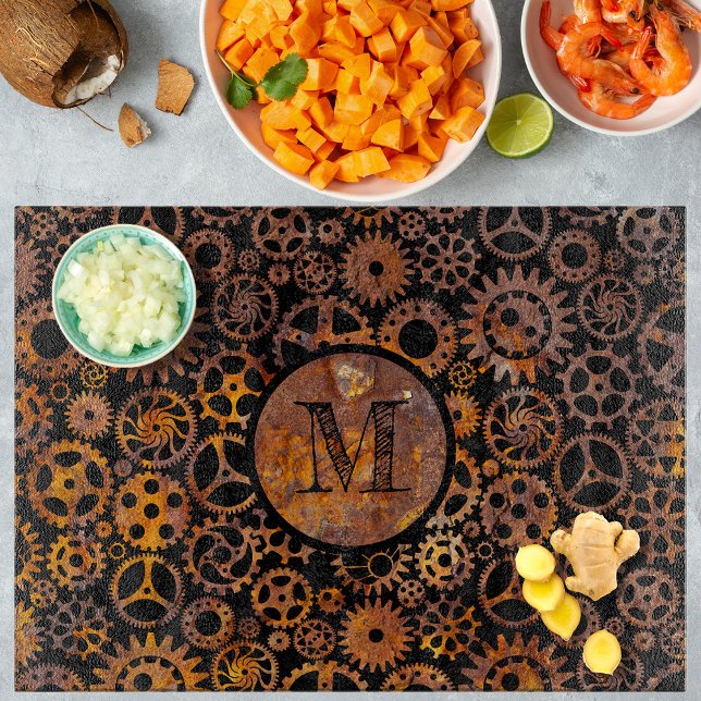 Steampunk Super Colorful Rusty Gears Monogram Schneidebrett (Von Creator hochgeladen)