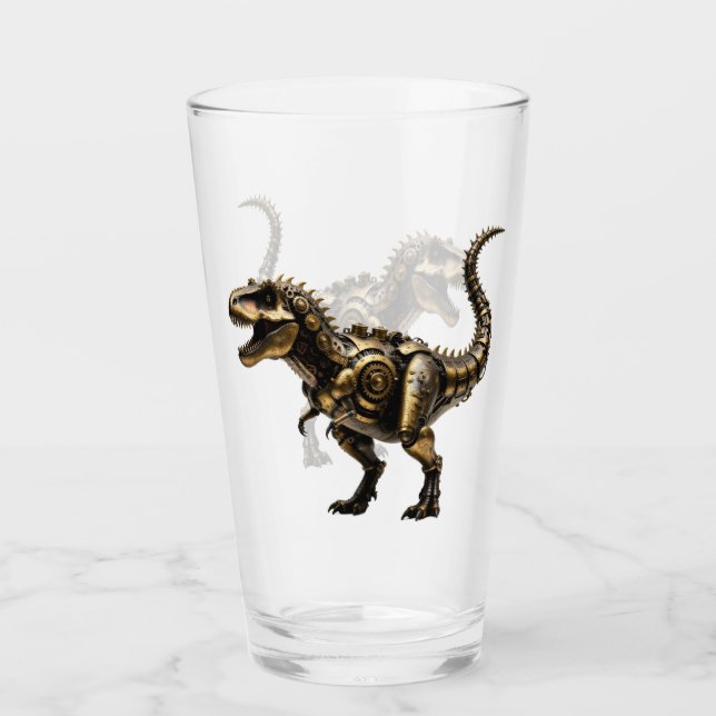 Steampunk T-Rex Mech – Messing-Dino-Bestie Glas (Vorderseite)