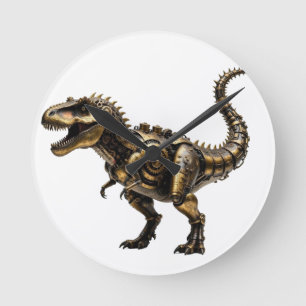 Steampunk T-Rex Mech – Messing-Dino-Bestie Runde Wanduhr