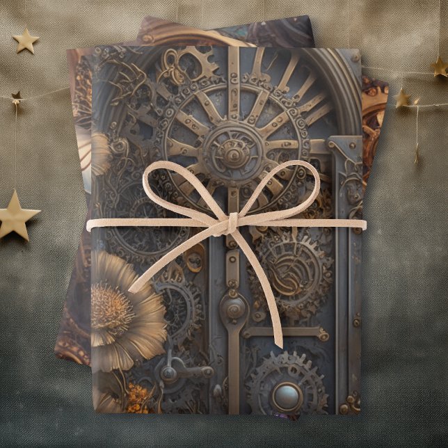Steampunk Theme Metallgetriebe und Blume Geburtsta Geschenkpapier Set (Von Creator hochgeladen)