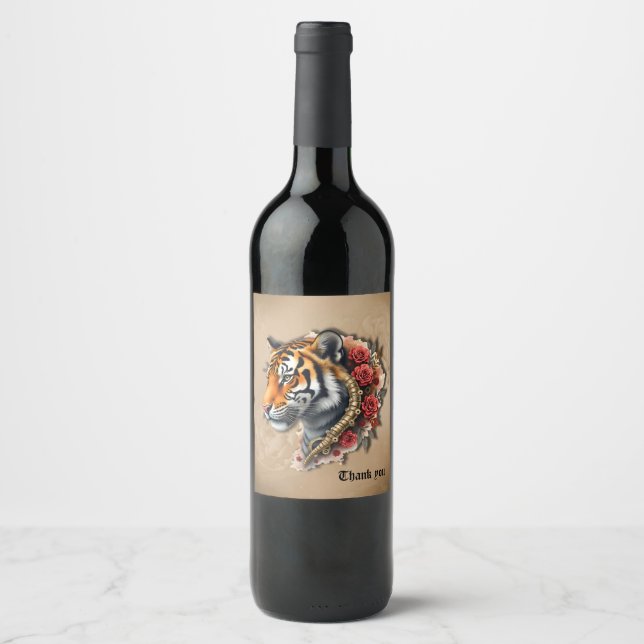 Steampunk Tiger mit Rose Illustration. Weinetikett (Vorderseite)