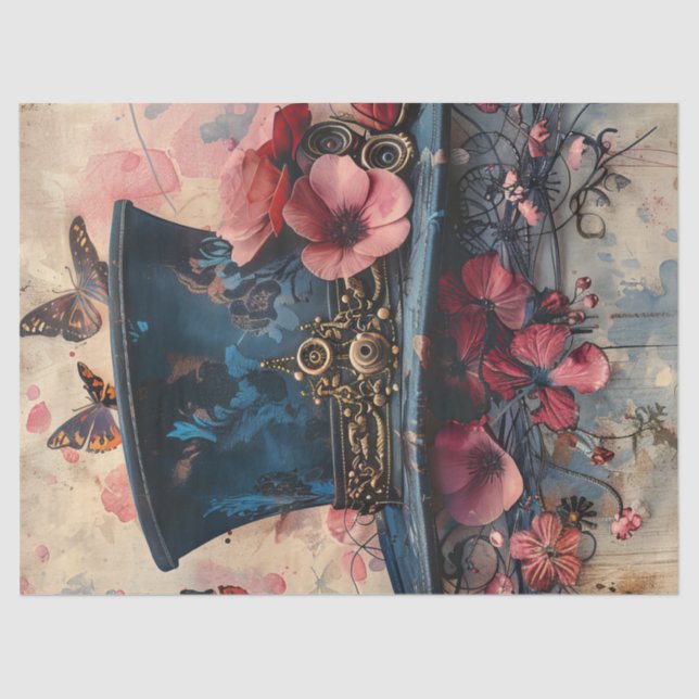 Steampunk Top Hat Butterfets Blume Decoupage Seidenpapier (Vorderseite)