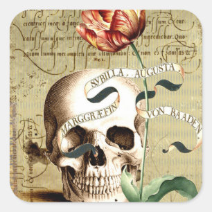Steampunk-Totenschädel-Blumen-Schreib-Halloween-Au Quadratischer Aufkleber