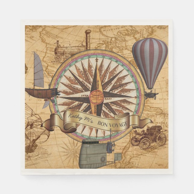 Steampunk Travel Antique Karte Kompass Adventure Serviette (Vorderseite)