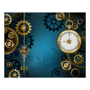 Steampunk Türkis Hintergrund mit Zahnrädern Poster