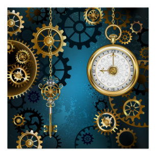 Steampunk türkiser Hintergrund mit Zahnrädern Poster