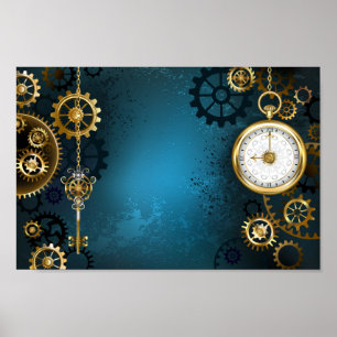 Steampunk türkiser Hintergrund mit Zahnrädern Poster