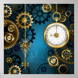 Steampunk türkisfarbener Hintergrund mit Zahnräder Poster
