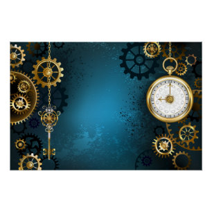 Steampunk türkisfarbener Hintergrund mit Zahnräder Poster