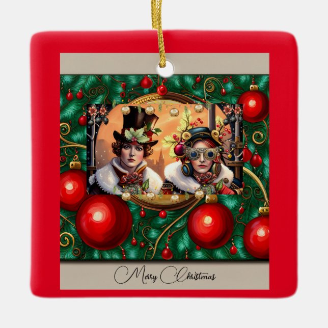 Steampunk Two Hearts Christmas Keramikornament (Vorderseite)