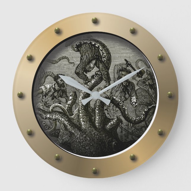 Steampunk U-Boot Porthole Kraken Riesenoctopus Große Wanduhr (Vorderseite)