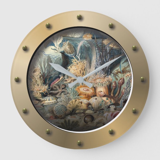 Steampunk U-Boot Porthole Unterseelebensleben Große Wanduhr (Vorderseite)
