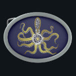 Steampunk übersetzt Krake Kraken Ovale Gürtelschnalle<br><div class="desc">Dieses tentacled steampunk Seeungeheuer hat acht Draht ähnliche Goldanhänge,  einen zentralen silbernen Gang und viel der Gänge und der Bolzen,  die seinen Kopf,  Augen und Saugschalen bilden. Es ist,  eine Roboterkrake/kraken,  ein Metallmaschinenmonster für jedermann,  das geeky Science Fiction-/Fantasiegeschöpfe mag. Dunkelblaue Hintergrundfarbe ist kundengerecht.</div>