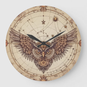Steampunk-Uhr mit Eulenelementen an der Wand   Vin Große Wanduhr