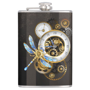 Steampunk-Uhr mit mechanischer Libelle Flachmann