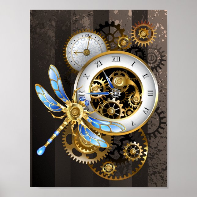 Steampunk-Uhr mit mechanischer Libelle Poster (Vorne)