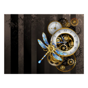 Steampunk-Uhr mit mechanischer Libelle Poster