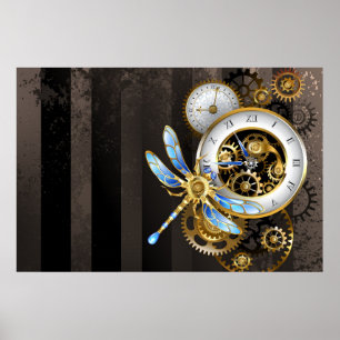Steampunk-Uhr mit mechanischer Libelle Poster