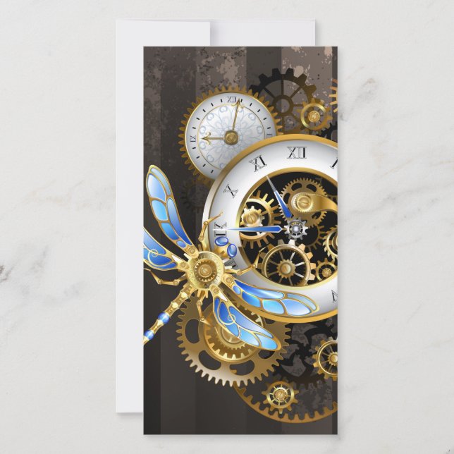 Steampunk-Uhr mit mechanischer Libelle Save The Date (Vorderseite)