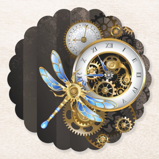 Steampunk-Uhr mit mechanischer Libelle Untersetzer (Vorderseite)
