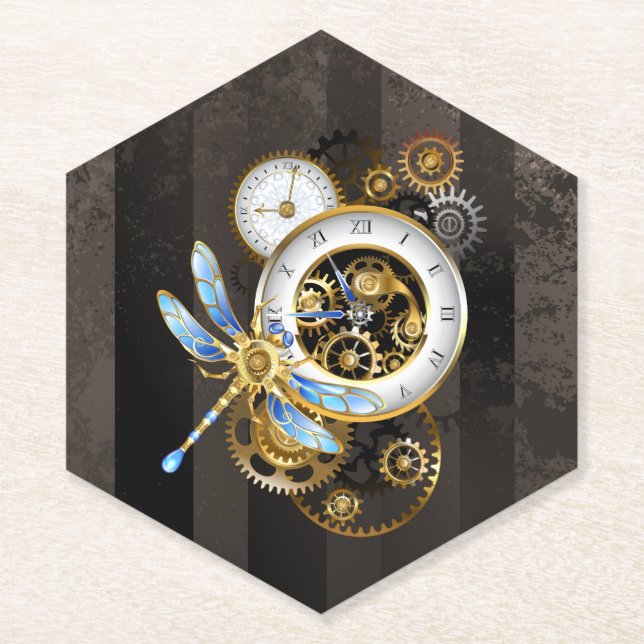 Steampunk-Uhr mit mechanischer Libelle Untersetzer (Vorderseite)