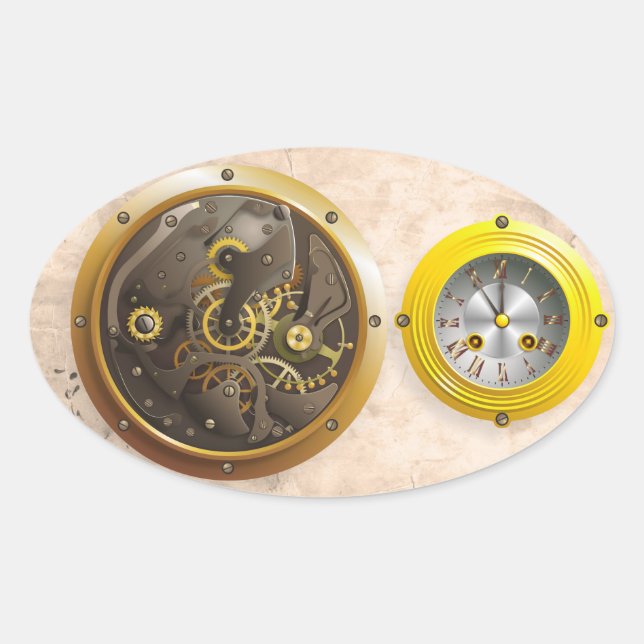 Steampunk Uhr Ovaler Aufkleber (Vorderseite)