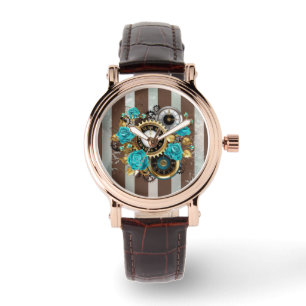 Steampunk-Uhr und türkisfarbene Rose auf Streifen Armbanduhr