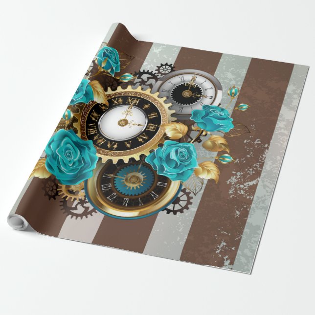 Steampunk-Uhr und türkisfarbene Rose auf Streifen Geschenkpapier (Ungerollt)