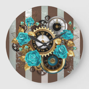 Steampunk-Uhr und türkisfarbene Rose auf Streifen Große Wanduhr
