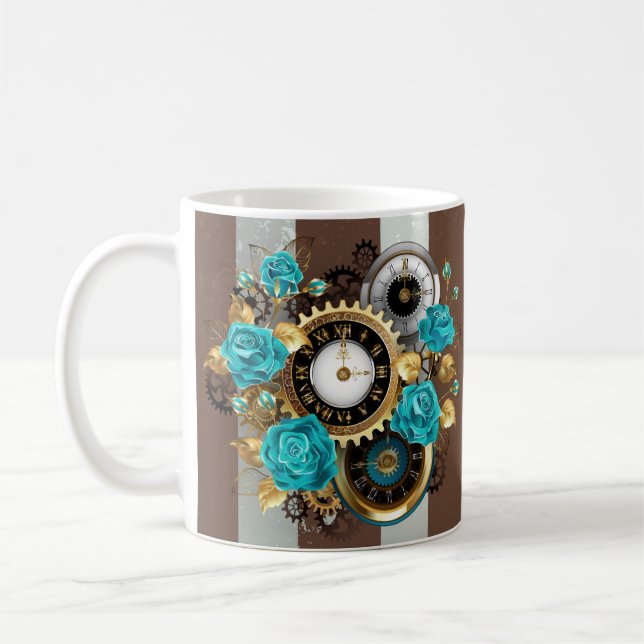 Steampunk-Uhr und türkisfarbene Rose auf Streifen Kaffeetasse (Links)