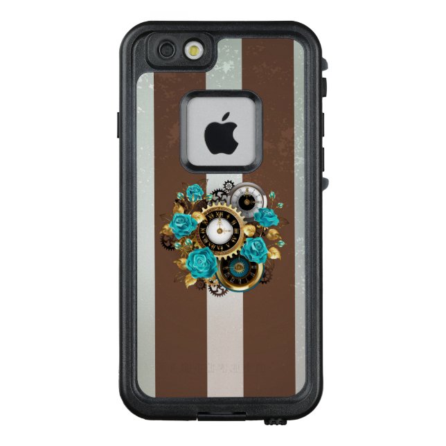 Steampunk-Uhr und türkisfarbene Rose auf Streifen LifeProof iPhone Hülle (Rückseite)