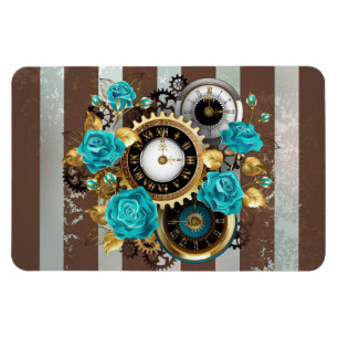 Steampunk-Uhr und türkisfarbene Rose auf Streifen Magnet