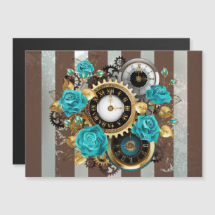 Steampunk-Uhr und türkisfarbene Rose auf Streifen Magneteinladung