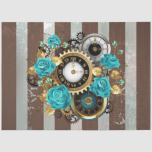 Steampunk-Uhr und türkisfarbene Rose auf Streifen Seidenpapier