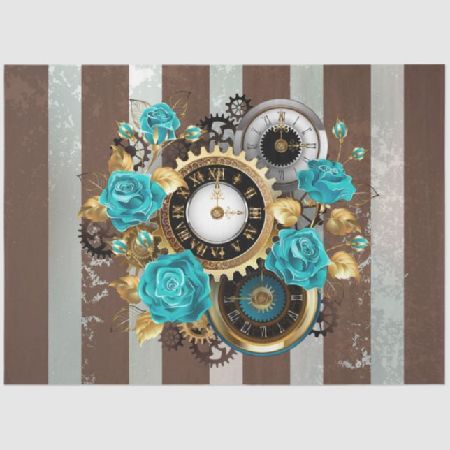 Steampunk-Uhr und türkisfarbene Rose auf Streifen Seidenpapier (Vorderseite)