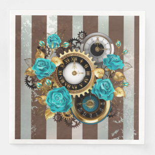 Steampunk-Uhr und türkisfarbene Rose auf Streifen Serviette