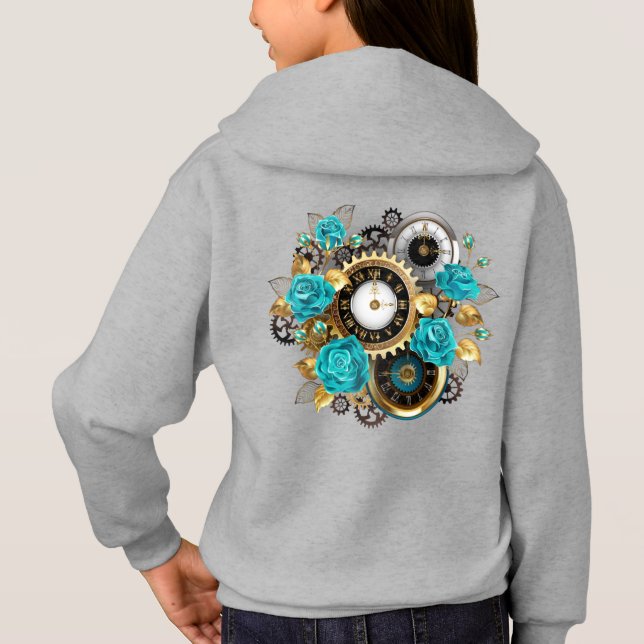 Steampunk-Uhr und türkisfarbene Rose auf StriT-Shi Hoodie (Rückseite)