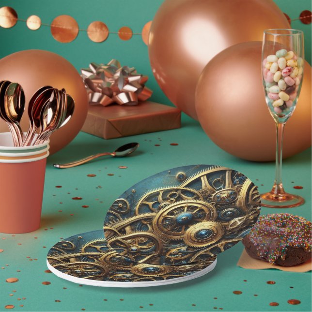 Steampunk-Uhrwerk Gold und Aquamarin Pappteller (Multi)