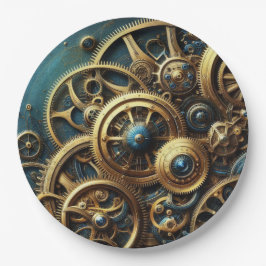 Steampunk-Uhrwerk Gold und Aquamarin Pappteller