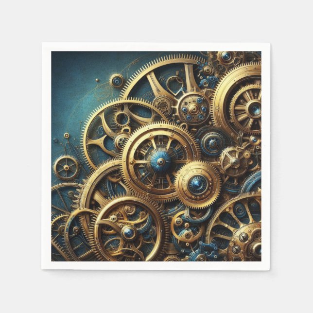 Steampunk-Uhrwerk Gold und Aquamarin Serviette (Vorderseite)