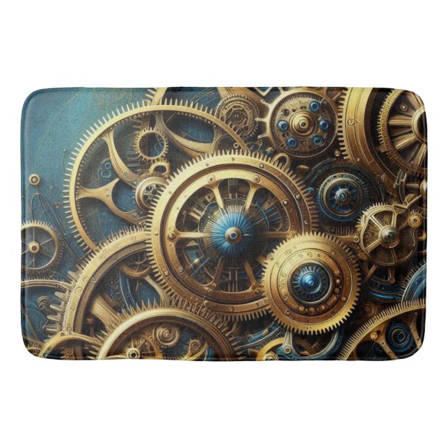 Steampunk Uhrwerk Gold und Türkis Badematte (Vorderseite)