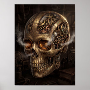 : Steampunk-Uhrwerk-Totenkopf-Messingzahnräder-Got Poster